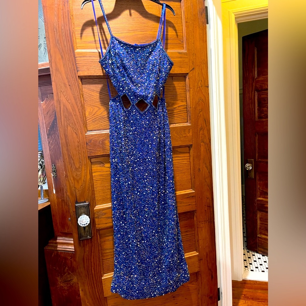 Scala Blue beaded formal prom wedding guest party dress open back keyholes SZ L!